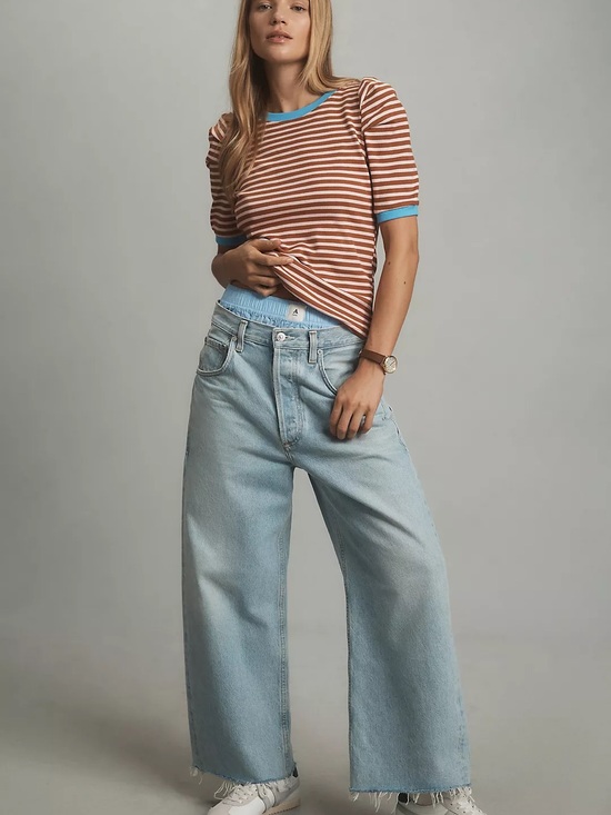 Maeve Tops - Maeve Pink and Burgundy Stripped Top with Blue Accents